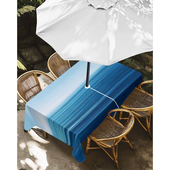Outdoor Tablecloth with Umbrella Hole, Summer Blue Sea Ocean Zippered Table Cloth for Rectangle Tables, Tranquility Minimalist Style Washable Waterproof Tablecloths for Picnic Patio Garden