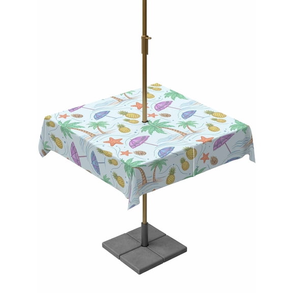 Outdoor Tablecloth with Umbrella Hole, Summer Coconut Tree Pineapple Zippered Table Cloth for Rectangle Tables, Coastal Starfish Beach Theme Washable Waterproof Tablecloths for Picnic Patio Garden