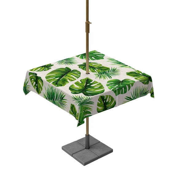 Outdoor Tablecloth with Umbrella Hole, Summer Green Monstera Palm Leaf Zippered Table Cloth for Rectangle Tables, Tropical Plant Retro Linen Washable Waterproof Tablecloths for Picnic Patio Garden