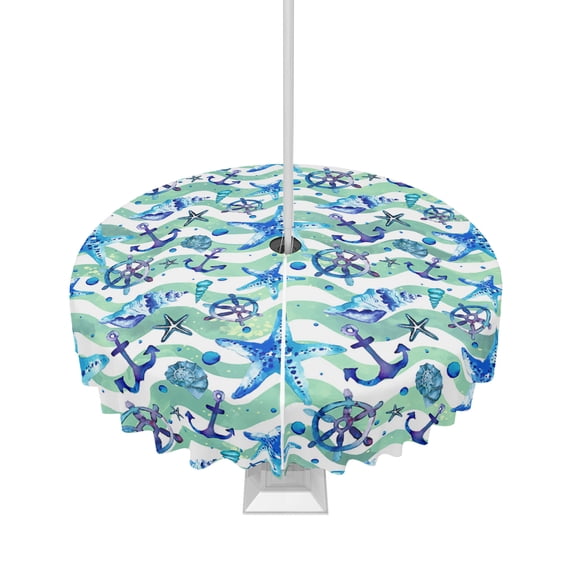 Outdoor Tablecloth with Umbrella Hole,Summer Ocean Blue Green Wave Stripes Spillproof Waterproof Table Cloth Zippered Table Covers,Starfish Seamless Washable Tablecloths for Picnic/Patio