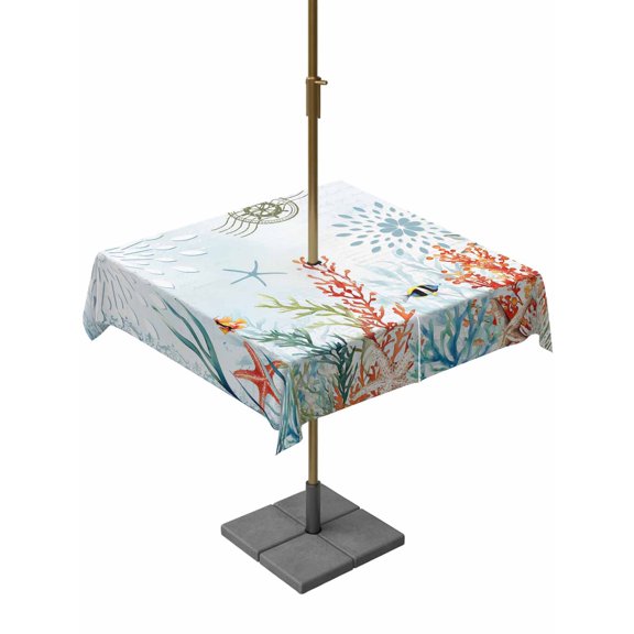 Outdoor Tablecloth with Umbrella Hole, Summer Ocean Coral Starfish Zippered Table Cloth for Rectangle Tables, Blue Sea Nautical Theme Washable Waterproof Tablecloths for Picnic Patio Garden