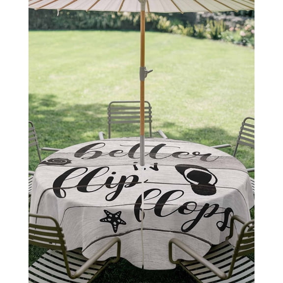 Outdoor Tablecloth with Umbrella Hole, Summer Ocean Theme Texts with Flip Flops Zippered Table Cloth for Square Tables, Wooden Grain Washable Waterproof Tablecloths for Picnic Patio Garden