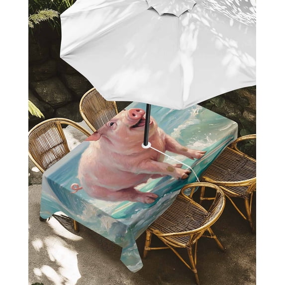 Outdoor Tablecloth with Umbrella Hole, Surfing Farm Pink Pig Zippered Table Cloth for Rectangle Tables, Summer Blue Sea Wave Beach Washable Waterproof Tablecloths for Picnic Patio Garden