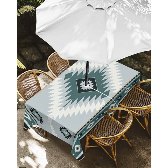 Outdoor Tablecloth with Umbrella Hole, Teal Aztec Tribal Style Zippered Table Cloth for Rectangle Tables, Ethnic Southwest Native Pattern Washable Waterproof Tablecloths for Picnic Patio Garden