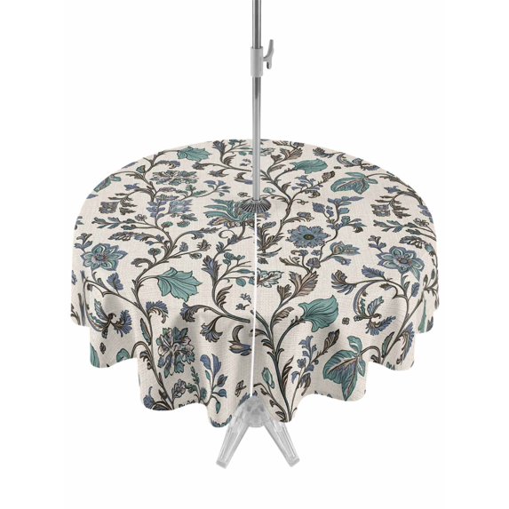 Outdoor Tablecloth with Umbrella Hole, Teal Green Leaf Spillproof Waterproof Outdoor Table Cover, Vintage Farmhouse Boho Pastoral Tribal Patio Tablecloths for Party/Garden/Picnic, Round 54 inch