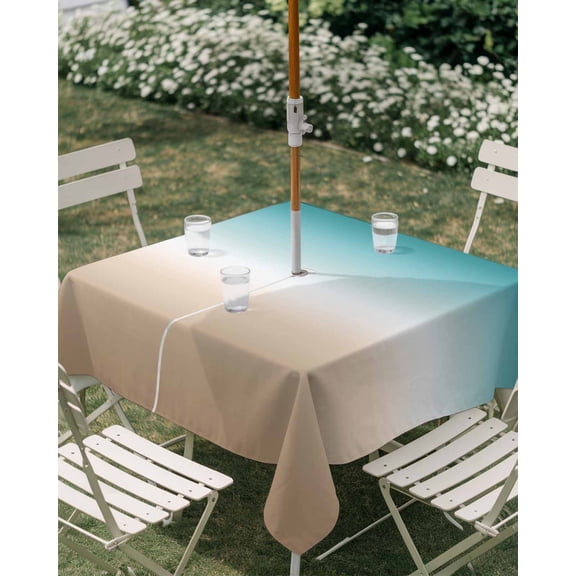 Outdoor Tablecloth with Umbrella Hole, Teal to Khaki Gradient Art Zippered Table Cloth for Rectangle Tables, Turquoise Watercolor Style Washable Waterproof Tablecloths for Picnic Patio Garden