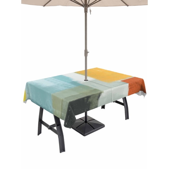 Outdoor Tablecloth with Umbrella Hole, Teal Yellow Waterproof Outdoor Table Cover, Orange Oil Painting Modern Abstract Geometric Patio Tablecloths for Party Picnic Camping, Rectangle 52"x70"