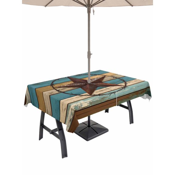 Outdoor Tablecloth with Umbrella Hole, Texas Star Retro Spillproof Waterproof Outdoor Table Cover, Teal Brown Stars Vintage Wooden Patio Tablecloths for Party Picnic Camping, Rectangle 60"x102"