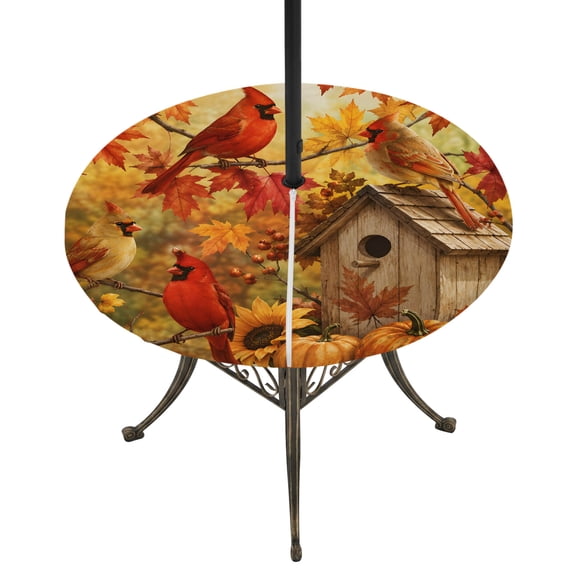 Outdoor Tablecloth with Umbrella Hole, Thanksgiving Waterproof Elastic Fitted Round Tablecloth fits 31"-35" Tables, Fall Cardinal House Pumpkin Maple Leaves Zippered Table Cover for Dinner Picnic