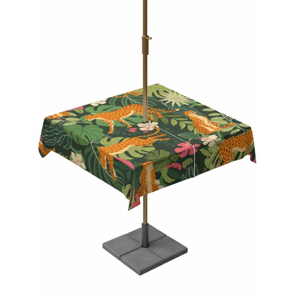 Outdoor Tablecloth with Umbrella Hole, Tropical Leopard Green Leaf Zippered Table Cloth for Rectangle Tables, Animal Plant Flower Theme Washable Waterproof Tablecloths for Picnic Patio Garden
