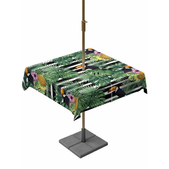 Outdoor Tablecloth with Umbrella Hole, Tropical Toucan Monstera Flower Learf Zippered Table Cloth for Rectangle Tables, Summer Pineapple Stripe Washable Waterproof Tablecloths for Picnic Patio Garden