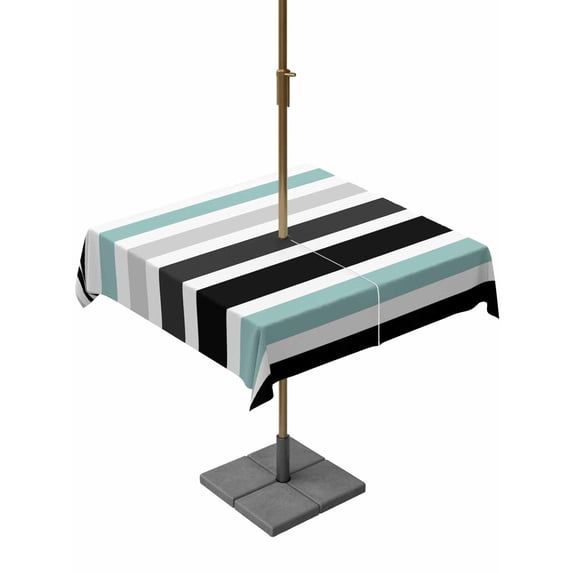 Outdoor Tablecloth with Umbrella Hole, Turquoise Black Stripe Spillproof Waterproof Outdoor Table Cover, Modern Abstract Coarse Striped Patio Tablecloths for Party/Garden/Picnic, Square 54"x54"