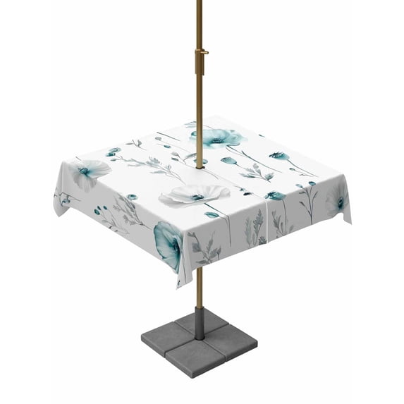 Outdoor Tablecloth with Umbrella Hole, Turquoise Flowers Spillproof Waterproof Outdoor Table Cover, Farmhouse Spring Botanical Floral Patio Tablecloths for Party/Garden/Picnic, Square 54"x54"