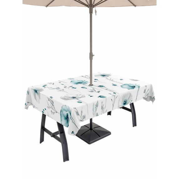 Outdoor Tablecloth with Umbrella Hole, Turquoise Flowers Spillproof Waterproof Outdoor Table Cover, Farmhouse Spring Botanical Floral Patio Tablecloths for Party Picnic Camping, Rectangle 60"x84"