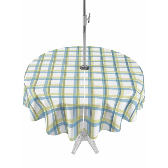 Outdoor Tablecloth with Umbrella Hole, Turquoise Green Plaid, Spillproof Waterproof Outdoor Table Cover, Abstract Minimalistic Geometric Grid Patio Tablecloths for Party/Garden/Picnic, Round 54 inch