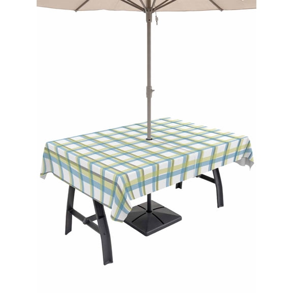 Outdoor Tablecloth with Umbrella Hole, Turquoise Green Plaid, Waterproof Outdoor Table Cover, Abstract Minimalistic Geometric Grid Patio Tablecloths for Party Picnic Camping, Rectangle 52"x70"