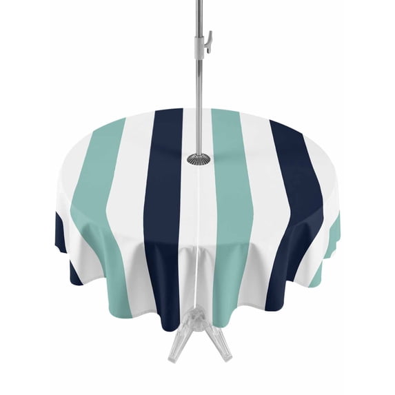 Outdoor Tablecloth with Umbrella Hole, Turquoise Navy Blue Striped Spillproof Waterproof Outdoor Table Cover, Farmhouse Stripe Art Patio Tablecloths for Party/Garden/Picnic, Round 54 inch