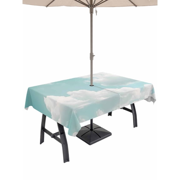 Outdoor Tablecloth with Umbrella Hole, Turquoise Sky Spillproof Waterproof Outdoor Table Cover, Rustic Retro Clouds Landscape Patio Tablecloths for Party Picnic Camping, Rectangle 60"x84"