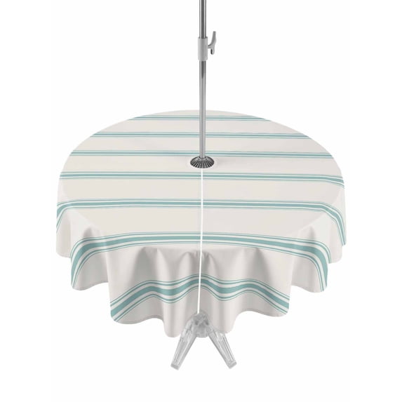 Outdoor Tablecloth with Umbrella Hole, Turquoise Striped Spillproof Waterproof Outdoor Table Cover, Farmhouse Pinstripes Geometric Color Patio Tablecloths for Party/Garden/Picnic, Round 54 inch
