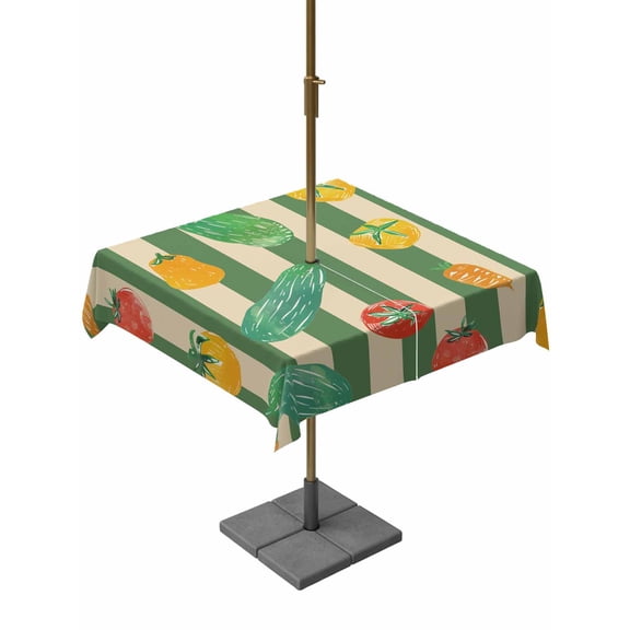 Outdoor Tablecloth with Umbrella Hole, Vegetables Tomatoes Cucumber Carrots Zippered Table Cloth for Rectangle Tables, Farmhouse Green Stripe Washable Waterproof Tablecloths for Picnic Patio Garden
