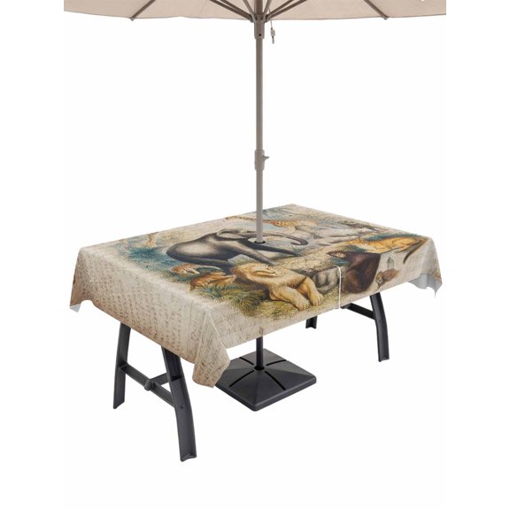Outdoor Tablecloth with Umbrella Hole, Vintage Jungle Animals Zippered Table Cloth for Rectangle Tables, Elephants Giraffes Lions Washable Waterproof Tablecloths for Picnic Patio Garden
