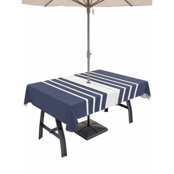 Outdoor Tablecloth with Umbrella Hole, Vintage Striped Spillproof Waterproof Outdoor Table Cover, Midnight Blue Modern Simple Lines Patio Tablecloths for Party Picnic Camping, Rectangle 60"x84"