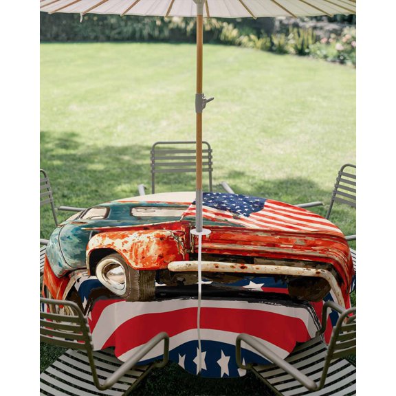 Outdoor Tablecloth with Umbrella Hole, Vintage Truck American Flag Zippered Table Cloth for Square Tables, Retro Independence Day Theme Washable Waterproof Tablecloths for Picnic Patio Garden