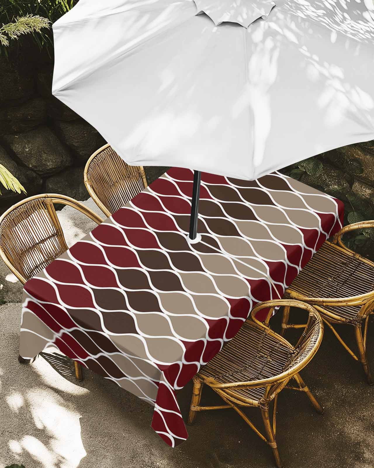 Zipper Table Outdoor Tablecloth with Umbrella Hole, Vintage White Curve Lines Mid ...