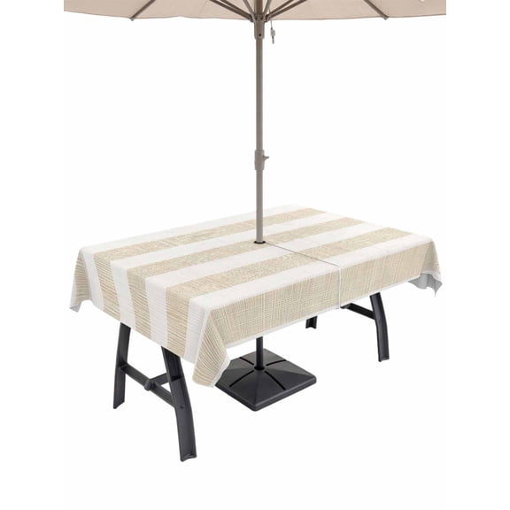 Outdoor Tablecloth with Umbrella Hole, Vintage Yellow Stripe on Linen Zippered Table Cloth for Rectangle Tables, Farmhouse Line Washable Waterproof Tablecloths for Picnic Patio Garden
