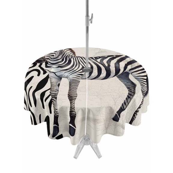Outdoor Tablecloth with Umbrella Hole, Vintage Zebra Spillproof Waterproof Outdoor Table Cover, Modern Art Animal Watercolor Patio Tablecloths for Party/Garden/Picnic, Round 54 inch