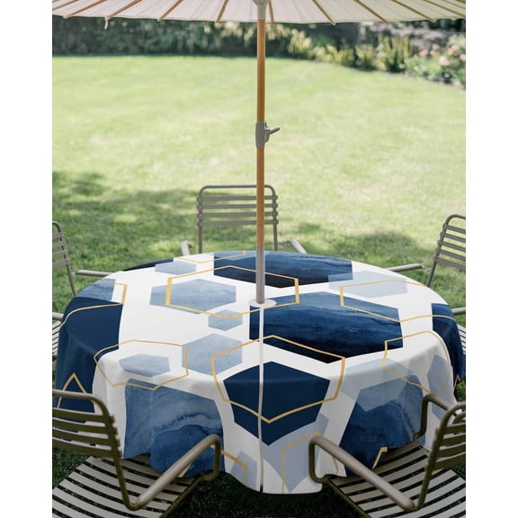 Outdoor Tablecloth with Umbrella Hole, Watercolor Blue Hexagon Zippered Table Cloth for Square Tables, Abstract Geometric Art Washable Waterproof Tablecloths for Picnic Patio Garden