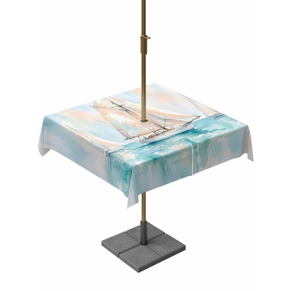 Outdoor Tablecloth with Umbrella Hole, Watercolor Ocean Sailboat Zippered Table Cloth for Rectangle Tables, Summer Nautical Theme Washable Waterproof Tablecloths for Picnic Patio Garden