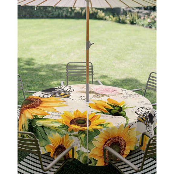 Outdoor Tablecloth with Umbrella Hole, Watercolor Sunflower Bee Bloom Floral Zippered Table Cloth for Square Tables, Farm Plant Vintage Letter Washable Waterproof Tablecloths for Picnic Patio Garden