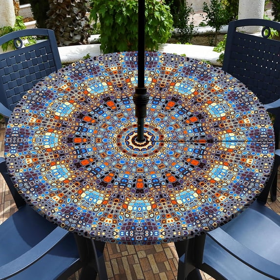 Outdoor Tablecloth with Umbrella Hole Waterproof Round Fitted Tablecloth with Elastic Zippered Wipeable Table Cloth Round Cover for Picnic, Patio,Garden Fits to 40"-44" Patio Tables