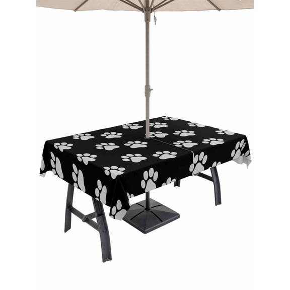 Outdoor Tablecloth with Umbrella Hole, White Animals Footprints Zippered Table Cloth for Rectangle Tables, Paws on Black Background Washable Waterproof Tablecloths for Picnic Patio Garden