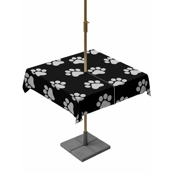 Outdoor Tablecloth with Umbrella Hole, White Animals Footprints Zippered Table Cloth for Rectangle Tables, Paws on Black Background Washable Waterproof Tablecloths for Picnic Patio Garden