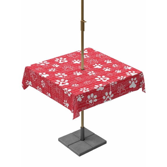 Outdoor Tablecloth with Umbrella Hole, White Dog Paw Claws Zippered Table Cloth for Rectangle Tables, Red Plaid Background Washable Waterproof Tablecloths for Picnic Patio Garden