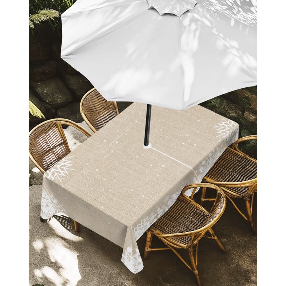 Outdoor Tablecloth with Umbrella Hole, Winter Christmas Snowflake on Linen Zippered Table Cloth for Rectangle Tables, White Snow Farm Burlap Washable Waterproof Tablecloths for Picnic Patio Garden