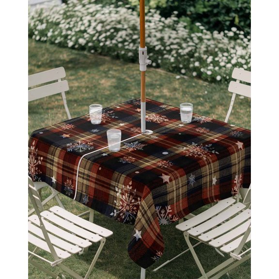 Outdoor Tablecloth with Umbrella Hole, Winter Snowflake Buffalo Plaid Zippered Table Cloth for Rectangle Tables, Christmas Geometric Pattern Washable Waterproof Tablecloths for Picnic Patio Garden