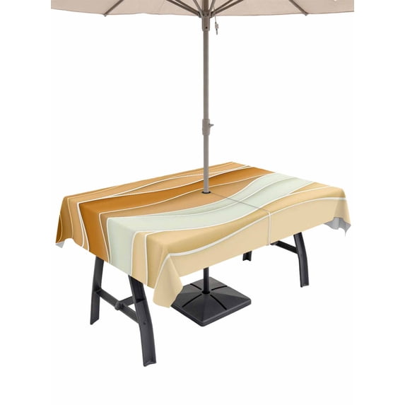 Outdoor Tablecloth with Umbrella Hole, Yellow Brown Spillproof Waterproof Outdoor Table Cover, Gradient Wave Stripes Modern Geometric Patio Tablecloths for Party Picnic Camping, Rectangle 60"x120"