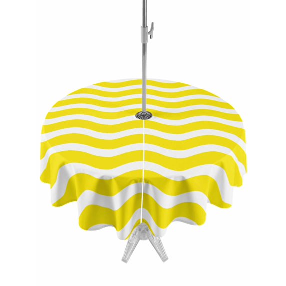 Outdoor Tablecloth with Umbrella Hole, Yellow Moire Spillproof Waterproof Outdoor Table Cover, Water Ripple Stripe Farmhouse Patio Tablecloths for Party/Garden/Picnic, Round 60 inch