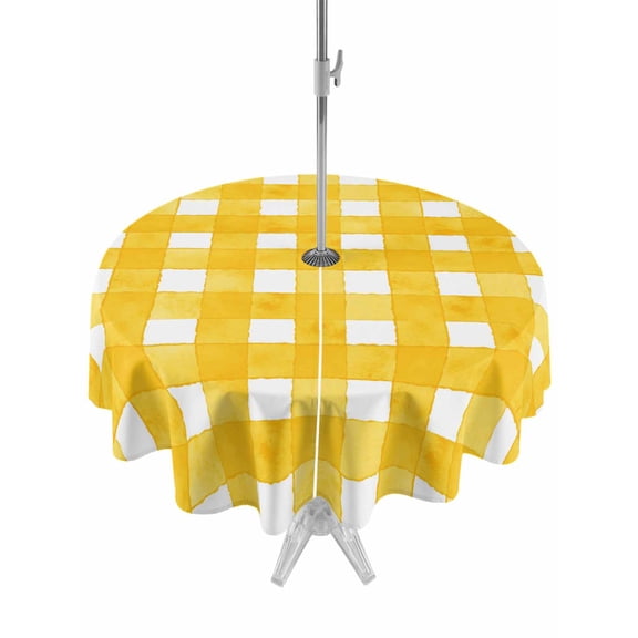 Outdoor Tablecloth with Umbrella Hole, Yellow Plaid Spillproof Waterproof Outdoor Table Cover, Watercolor Grid Checker Gingham Farmhouse Patio Tablecloths for Party/Garden/Picnic, Round 54 inch