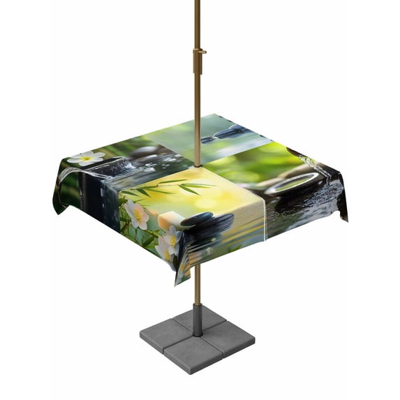 Outdoor Tablecloth with Umbrella Hole, Zen Stones Spillproof Waterproof Outdoor Table Cover, Nature Water Reflection Checkered Patio Tablecloths for Party/Garden/Picnic, Square 54"x54"