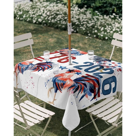 Outdoor Tablecloth with Umbrella Hole and Zipper, 250 Anniversary USA Flag Waterproof Table Cloth for Patio/Party/Picnic, Rooster Star American Table Cover, 54x54 Inch Rectangle