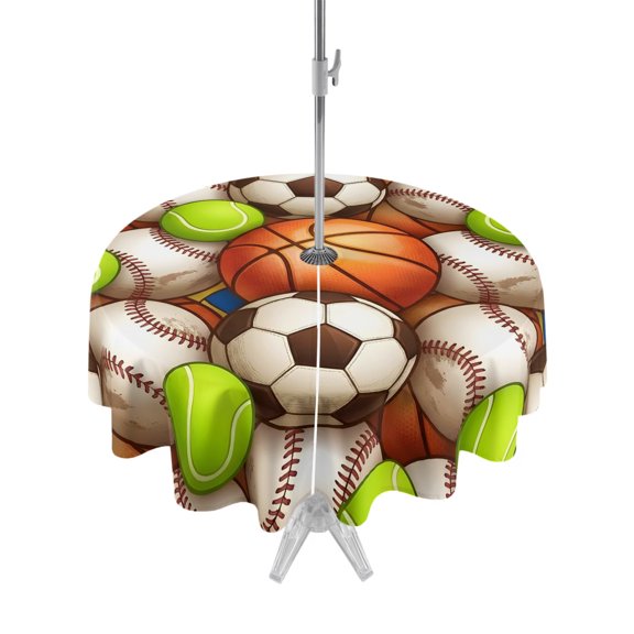 Outdoor Tablecloth with Umbrella Hole Zipper 3D Balls Sports Round Tablecloth 54" Waterproof Outside Table Cloth Basketball Baseball Football Patio Table Cover Tablecloths for Picnic Party