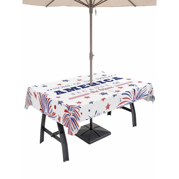 Outdoor Tablecloth with Umbrella Hole and Zipper, 4th of July Rectangle Table Cloth 54x80 Inch Waterproof Tablecloth, Independence Day Blue Red Star Fireworks Picnic Table Cover for Patio Camping