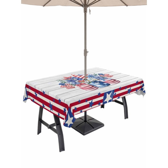Outdoor Tablecloth with Umbrella Hole and Zipper, 4th of July Rectangle Table Cloth 60x102 Inch Waterproof Tablecloth, Red Blue Patriotic Flowers Star Stripes Wooden Picnic Table Cover for Patio