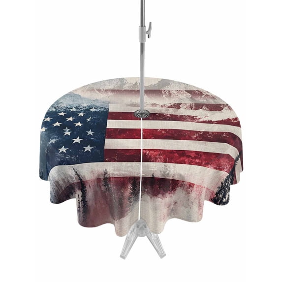 Outdoor Tablecloth with Umbrella Hole Zipper 4th of July Round Tablecloth 54" Waterproof Outside Table Cloth Forest Independence Day USA Flag Patio Table Cover Tablecloths for Picnic Party