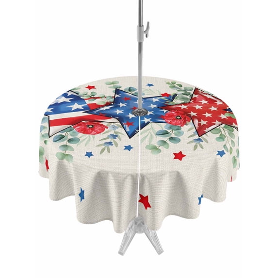 Outdoor Tablecloth with Umbrella Hole Zipper 4th of July Round Tablecloth 60" Waterproof Outside Table Cloth Blue Red Stars Independence Day Rustic Patio Table Cover Tablecloths for Picnic Party
