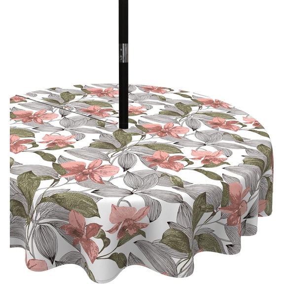 Outdoor Tablecloth with Umbrella Hole and Zipper, 60 Inch Water-Repellent Patio Table Cloth, Round Table Covers for Backyard Garden, Clemens Noir Pink